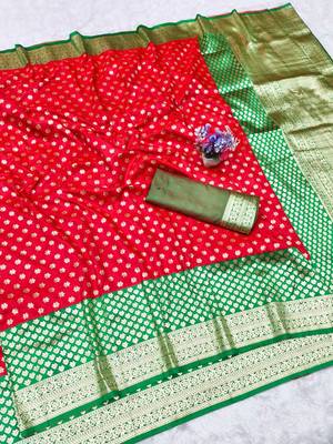 Orange zari woven banarasi silk traditional saree with blouse piece 1