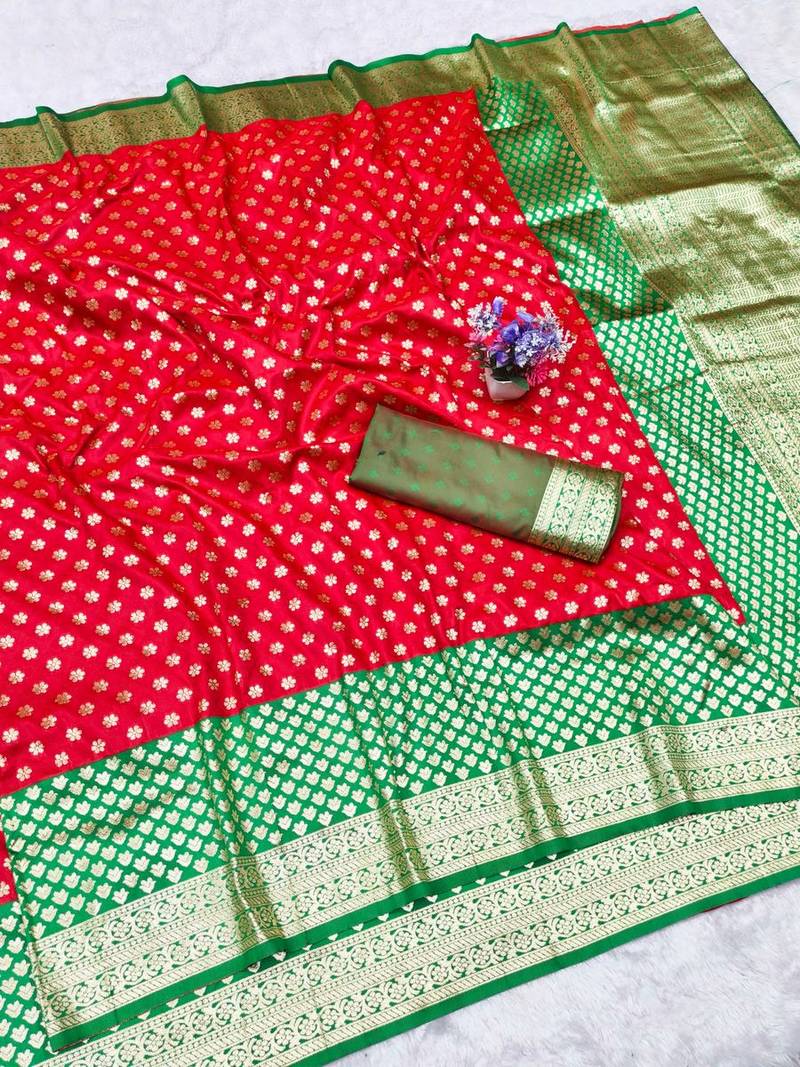 Orange zari woven banarasi silk traditional saree with blouse piece