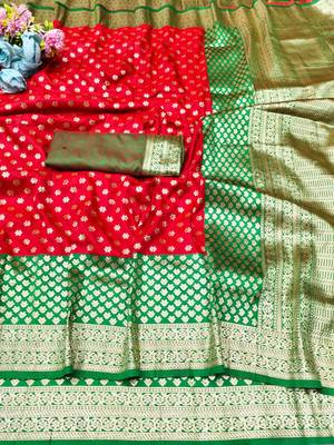 Orange zari woven banarasi silk traditional saree with blouse piece 3