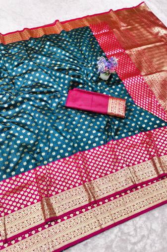 Dark blue zari woven banarasi silk traditional saree with blouse piece