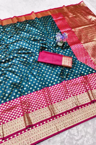 Dark blue zari woven banarasi silk traditional saree with blouse piece