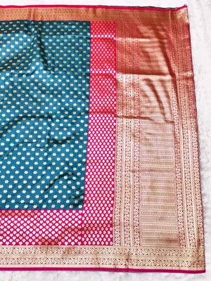 Dark blue zari woven banarasi silk traditional saree with blouse piece 2