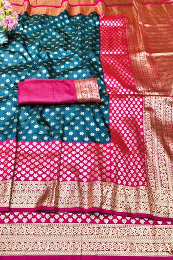 Dark blue zari woven banarasi silk traditional saree with blouse piece
