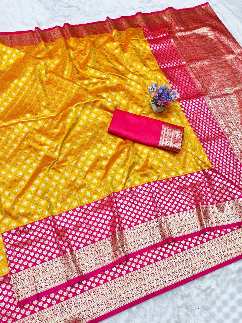 Gold zari woven banarasi silk traditional saree with blouse piece
