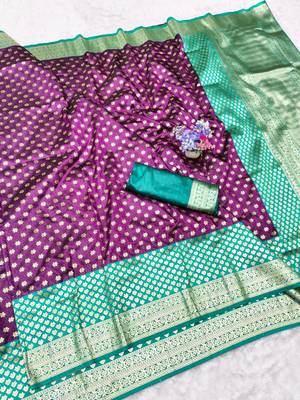 Wine zari woven banarasi silk traditional saree with blouse piece 1