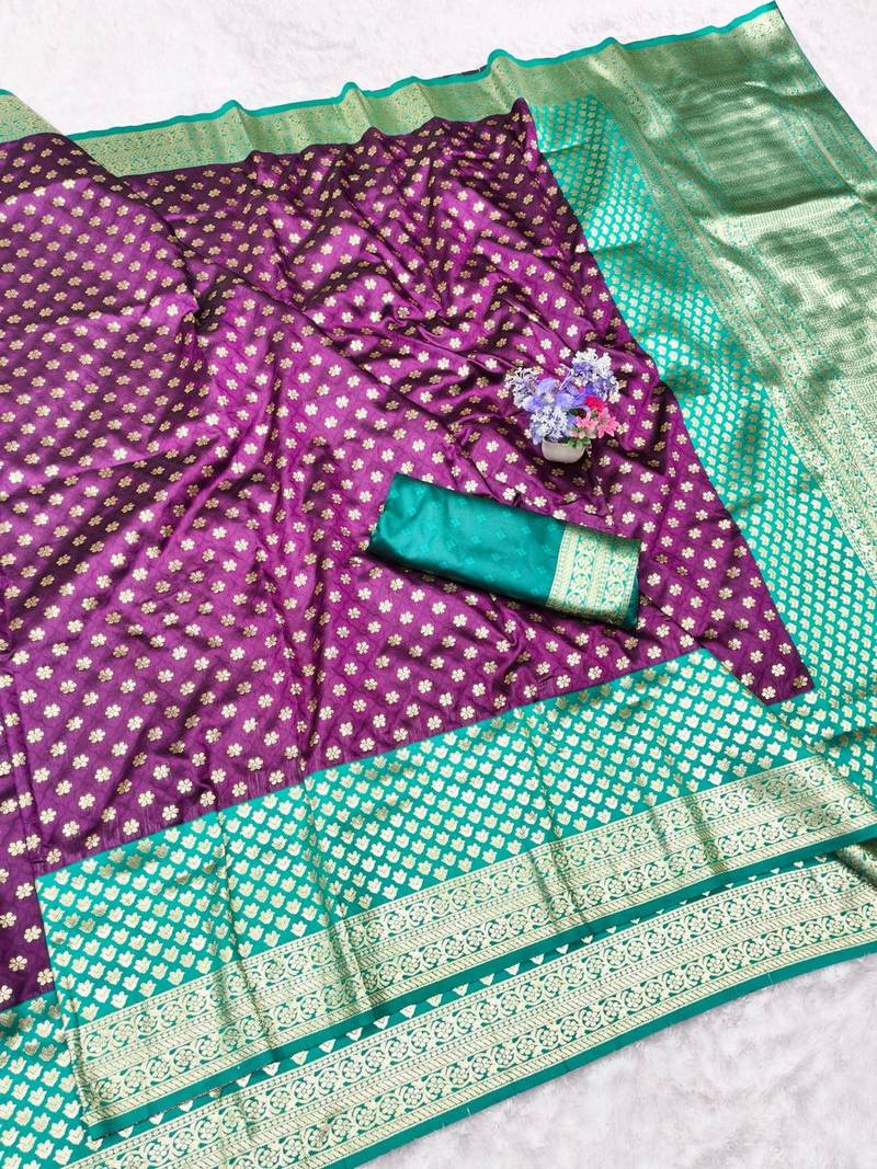Wine zari woven banarasi silk traditional saree with blouse piece
