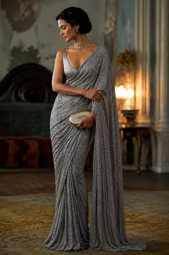 Grey georgette embroidered  with sequins work