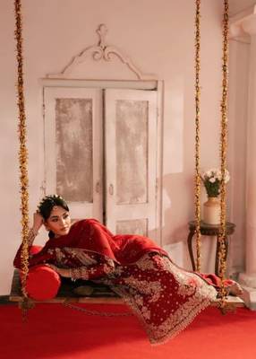 Red roman silk blend embroidered palazzo suit set with faux georgette dupatta 1