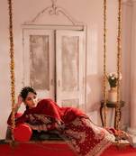 Red roman silk blend embroidered palazzo suit set with faux georgette dupatta