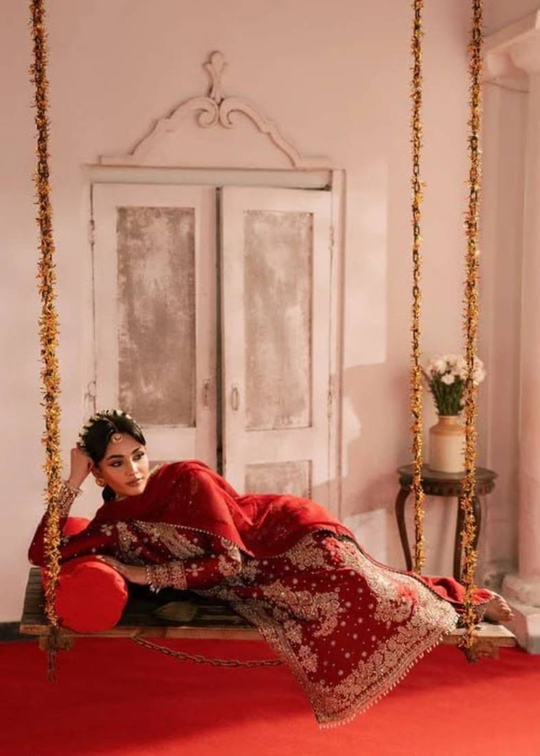 Red roman silk blend embroidered palazzo suit set with faux georgette dupatta