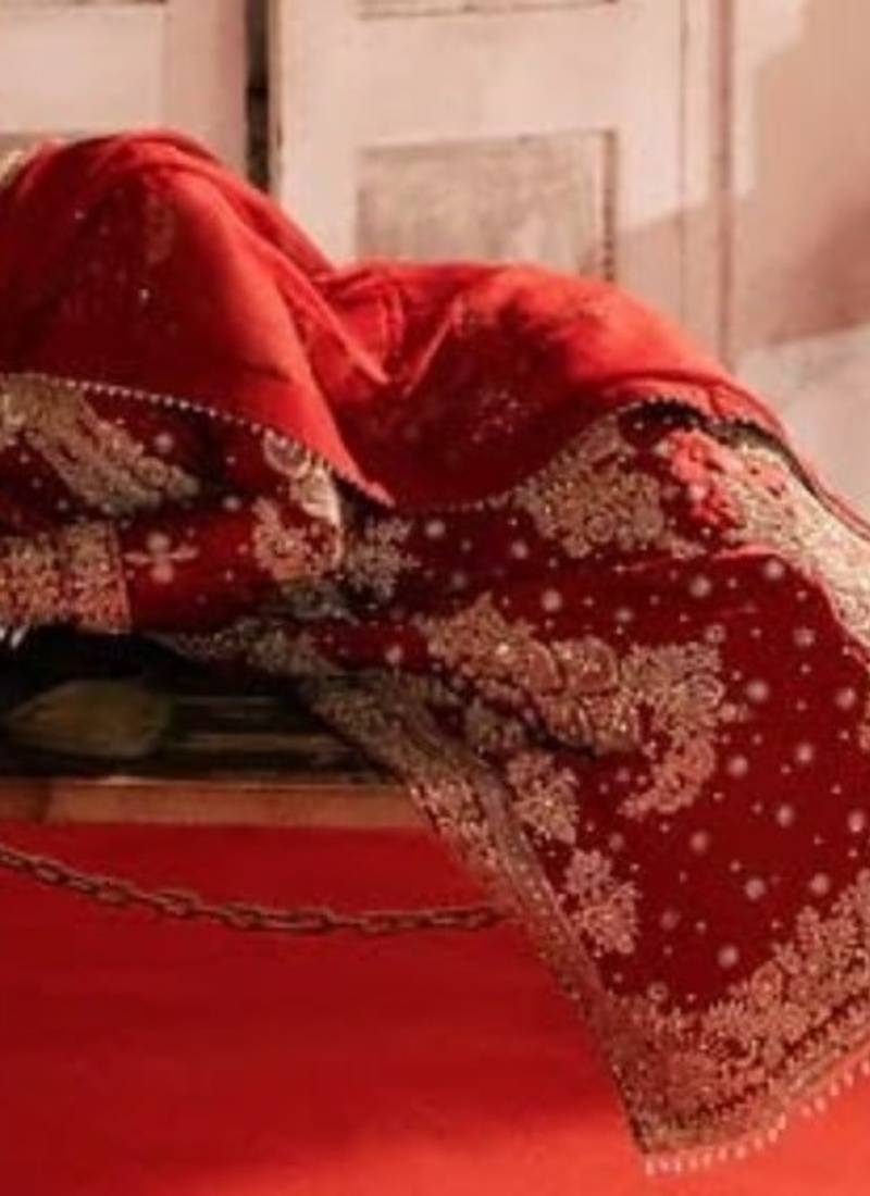 Red roman silk blend embroidered palazzo suit set with faux georgette dupatta