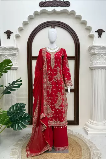 Red roman silk blend embroidered palazzo suit set with faux georgette dupatta