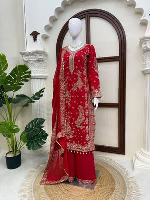 Red roman silk blend embroidered palazzo suit set with faux georgette dupatta 3