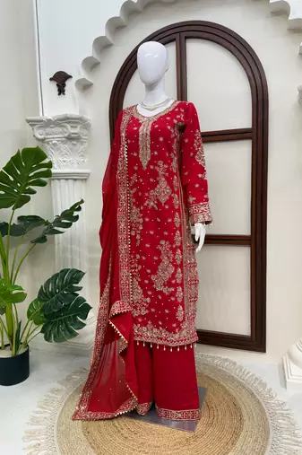 Red roman silk blend embroidered palazzo suit set with faux georgette dupatta