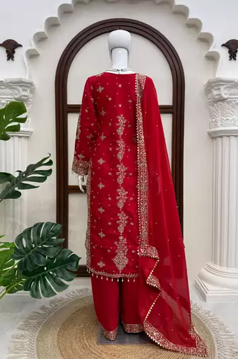 Red roman silk blend embroidered palazzo suit set with faux georgette dupatta