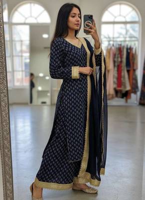 Blue georgette printed kurti palazzo set with lace dupatta 1