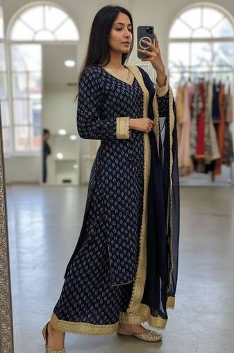 Blue georgette printed kurti palazzo set with lace dupatta