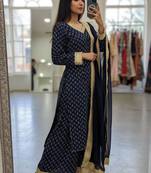 Blue georgette printed kurti palazzo set with lace dupatta