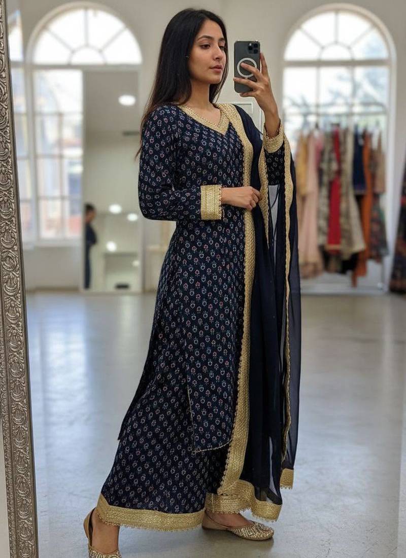 Blue georgette printed kurti palazzo set with lace dupatta