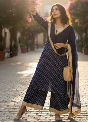 Blue georgette printed kurti palazzo set with lace dupatta 2