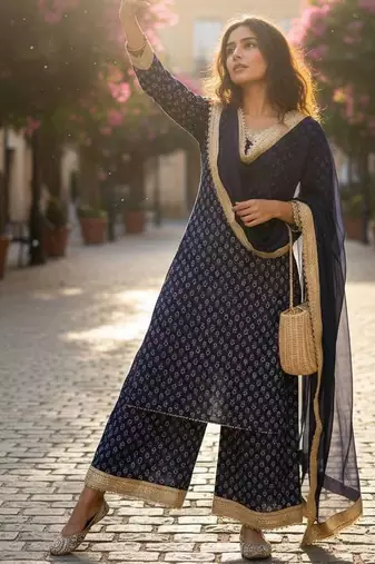 Blue georgette printed kurti palazzo set with lace dupatta