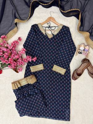 Blue georgette printed kurti palazzo set with lace dupatta 3