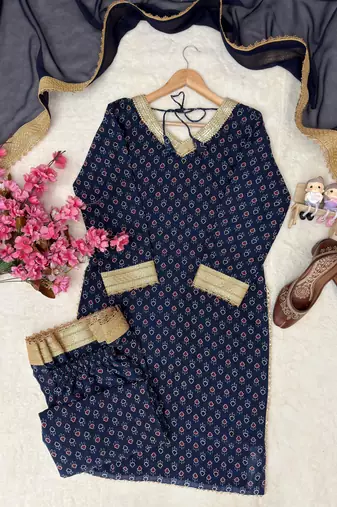 Blue georgette printed kurti palazzo set with lace dupatta