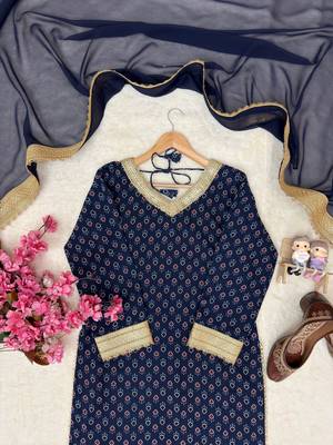 Blue georgette printed kurti palazzo set with lace dupatta 4