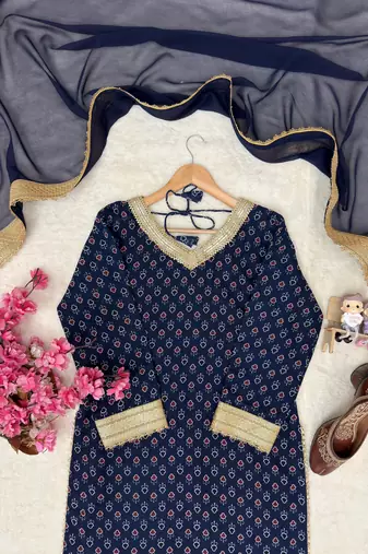 Blue georgette printed kurti palazzo set with lace dupatta