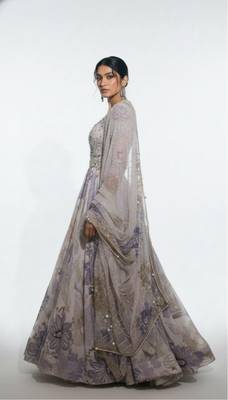 Off white rakhi special georgette anarkali gown set with digital print & pearl work 1
