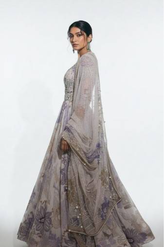 Off white rakhi special georgette anarkali gown set with digital print & pearl work