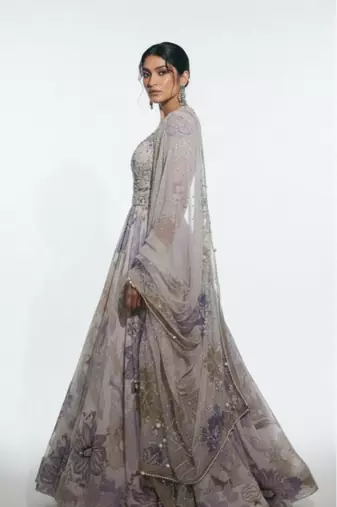 Off white rakhi special georgette anarkali gown set with digital print & pearl work