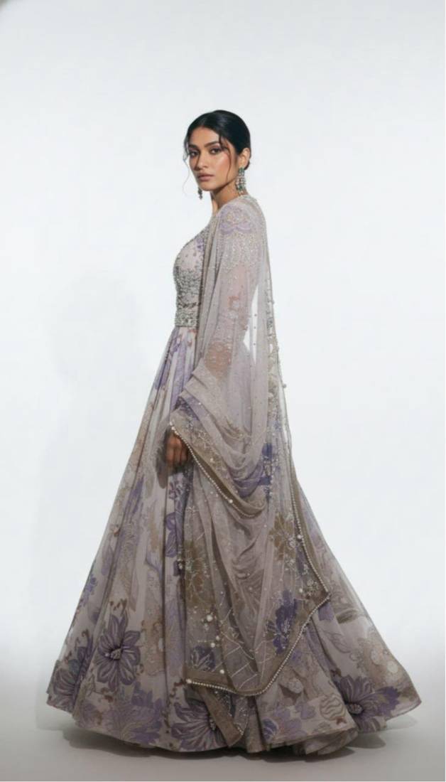 Off white rakhi special georgette anarkali gown set with digital print & pearl work