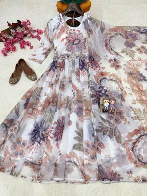 Off white rakhi special georgette anarkali gown set with digital print & pearl work 3