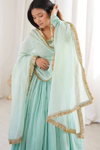 Sea green faux georgette anarkali gown set with kota check dupatta