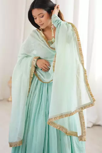 Sea green faux georgette anarkali gown set with kota check dupatta