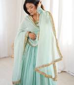 Sea green faux georgette anarkali gown set with kota check dupatta