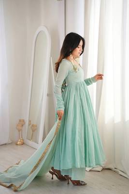 Sea green faux georgette anarkali gown set with kota check dupatta 3