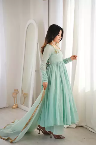 Sea green faux georgette anarkali gown set with kota check dupatta