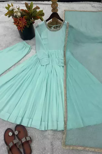 Sea green faux georgette anarkali gown set with kota check dupatta