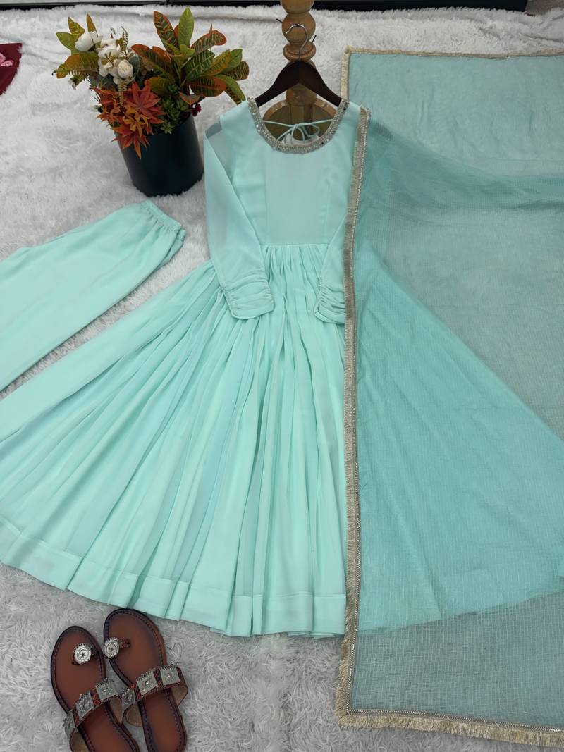 Sea green faux georgette anarkali gown set with kota check dupatta