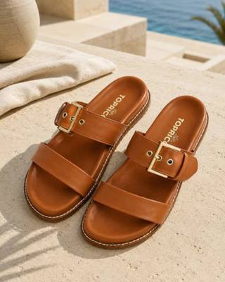 Tan buckle detail faux leather cloud comfort flats for women 1