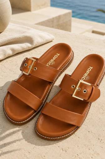 Tan buckle detail faux leather cloud comfort flats for women