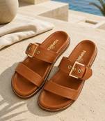 Tan buckle detail faux leather cloud comfort flats for women
