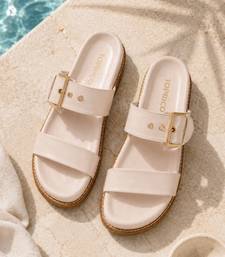 Cream buckle detail faux leather cloud comfort flats for women