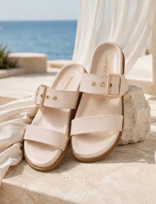 Cream buckle detail faux leather cloud comfort flats for women 1