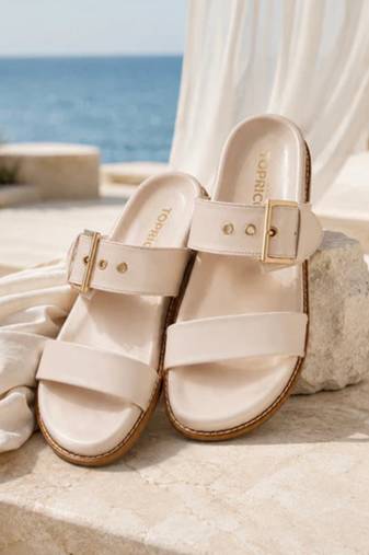 Cream buckle detail faux leather cloud comfort flats for women