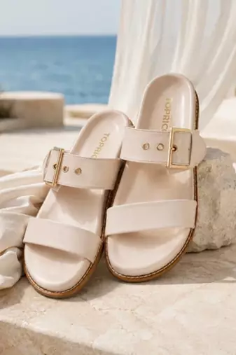 Cream buckle detail faux leather cloud comfort flats for women