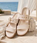 Cream buckle detail faux leather cloud comfort flats for women