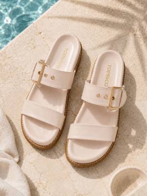 Cream buckle detail faux leather cloud comfort flats for women 3
